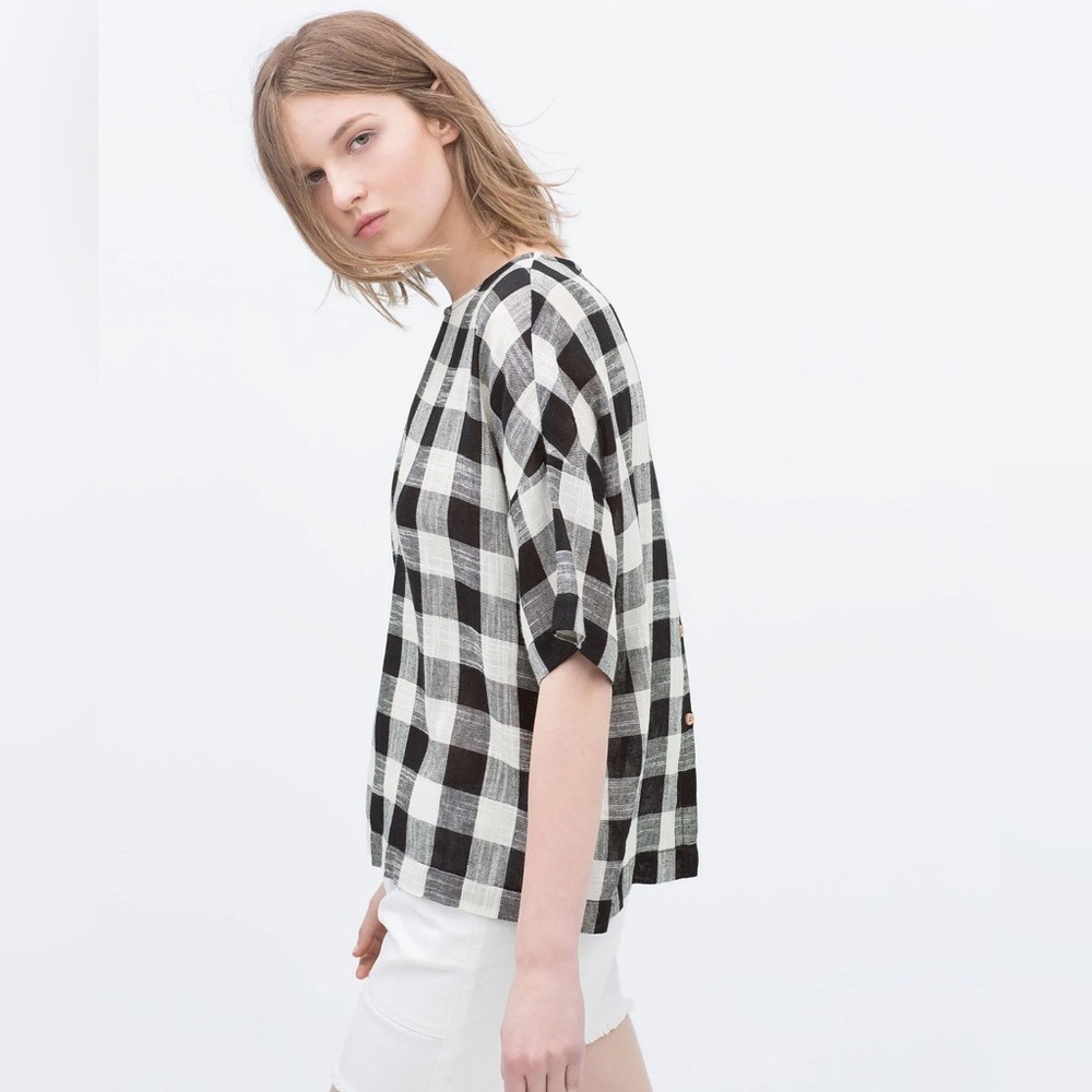 ZARA Basic Black & White Checker Womens Short Dolman Sleeve Top Button Back M